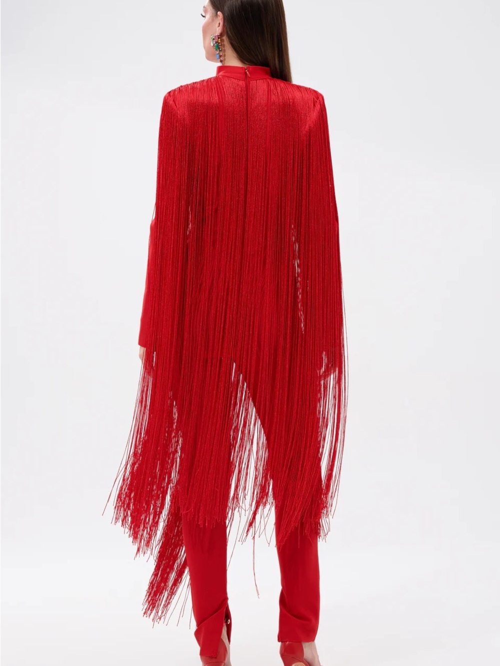AKIRA Red Fringe Jumpsuit with Deep V Neck - Picture 2 of 6